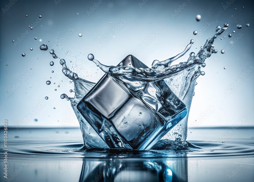 Poster captivating double exposure of falling ice cube captured on white background with full depth of fiel