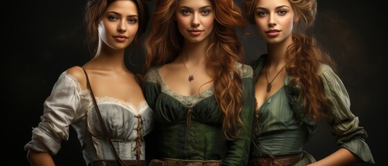 Fototapeta premium Three Women in Elegant Historical Costumes Posing Together