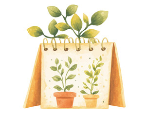 Artistic calendar displaying potted plants with green leaves, on white background.