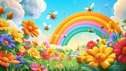 Naklejka premium A Rainbow Arcs Over a Field of Brightly Colored Flowers and Buzzing Bees