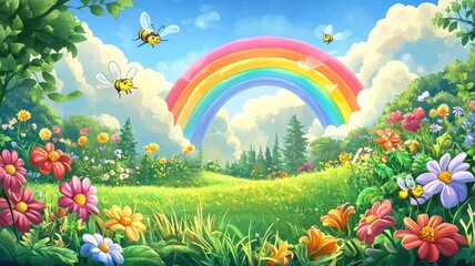 Fototapeta premium A Rainbow Arcs Over a Lush Meadow with Bees and Flowers