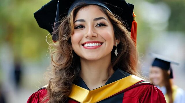 Happy graduate smiling and wearing woman doctoral gown and mortarboard