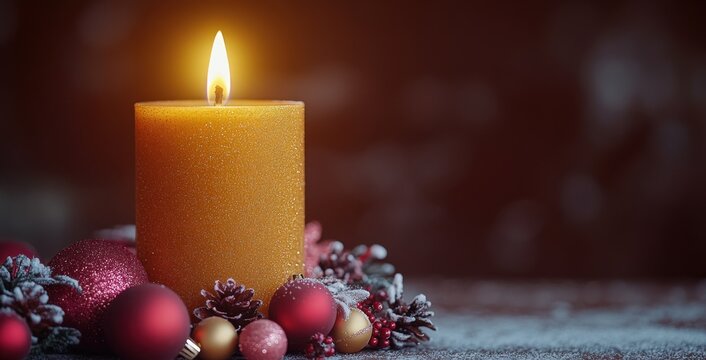 A wreath of candles and pine cones sits on a table