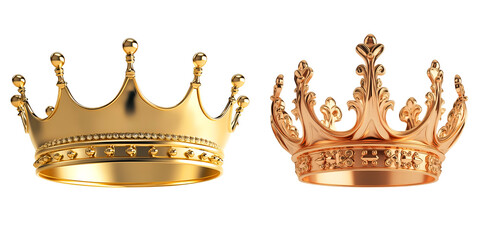Pair of Elegant Golden and Rose Gold Crowns for Royalty and Luxury Themes, cutout, isolated on white background