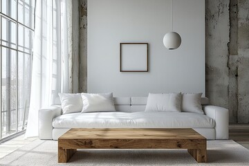 A modern living room photo of a white-finished interior with a Scandinavian interior and a japandi interior combination with a sofa and table. Generative AI
