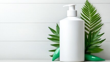 A sleek white pump bottle is set against a light wooden background, accompanied by vibrant green leaves, creating a fresh, minimalist aesthetic, Ideal for skincare or eco-friendly product promotions,