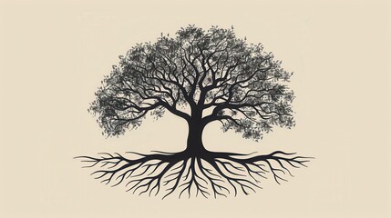 Obraz premium Black tree silhouette with intricate branch and root system creating mirror effect on light beige background