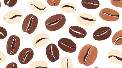 A seamless pattern of coffee beans in various colors.