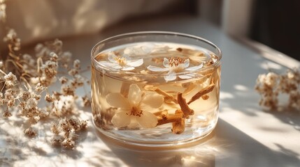 Adaptogen tea in a transparent cup with herbs