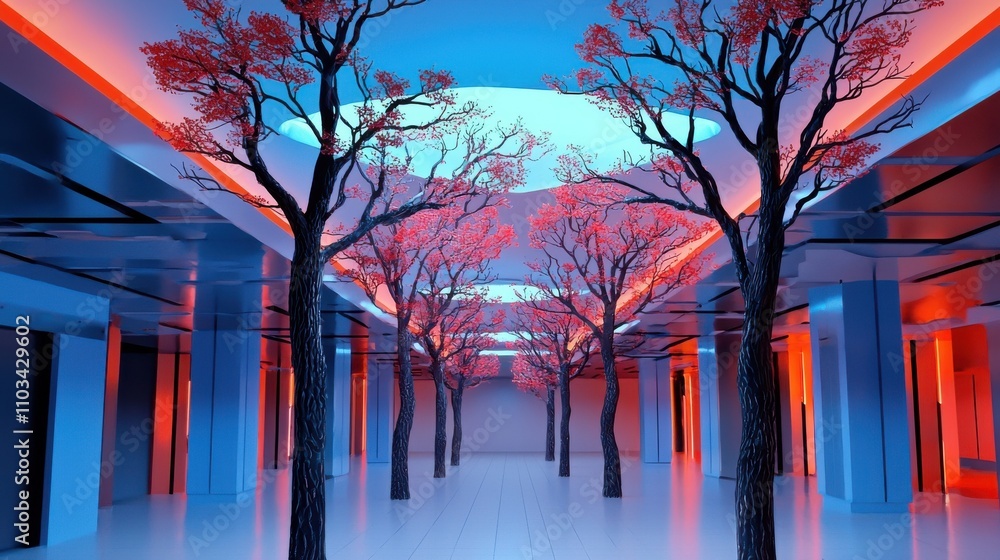 Poster enchanting surreal fantasy landscape with illuminated pathway through ethereal forest