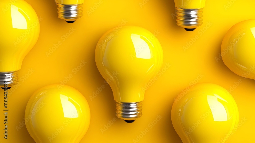 Poster a row of yellow light bulbs on a yellow background. the bulbs are all different sizes and are arrang