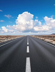 Long black asphalt road stretching into the distance under a clear blue sky, long road, paved road, scenery