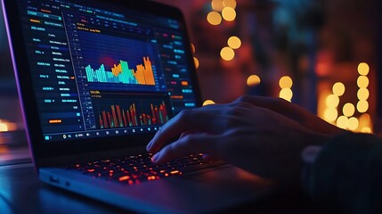 Professional hands navigating a touchpad, vibrant spreadsheet with colorful charts and numerical data displayed on a widescreen laptop, minimalist workspace with warm lighting enhancing the setup,