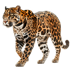 Elegant Leopard with Bold Spots in a Stealthy Walking Pose for Wildlife Themes, cutout, isolated on white background