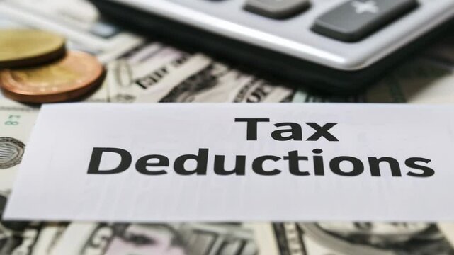 Coins, bills, and a calculator on a desk with a tax deductions note, hinting at tax season and financial planning. Reminder to prepare for taxes and maximize savings