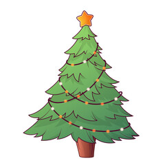 Vector illustration of christmas tree decorated with colorful lights isolated on background. Merry Christmas, New Year concept. For card design, poster decoration.