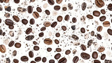 Fototapeta premium A seamless pattern of coffee beans with coffee grounds.