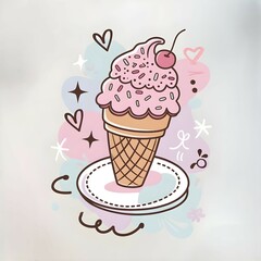 Doodle ice cream cone topped with pink frosting, sprinkles, and a cherry, hearts, stars, illustration