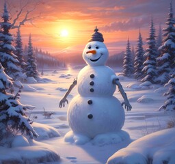 Fototapeta premium Illustration of winter landscape with funny snowoman.
