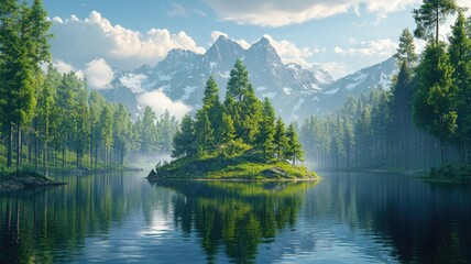 Naklejka premium A Tranquil Island amidst a Lush Forest and Snow-Capped Mountains