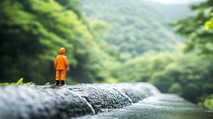 Obraz premium A child in an orange raincoat stands on a wet stone path amidst lush green hills.