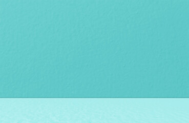 Empty blue turquoise room studio background for product presentation display. Cosmetic fashion beauty showroom. Winter backdrop. Minimal Mock up. Pastel paint interior.