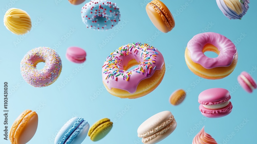 Poster a colorful assortment of donuts and macarons are flying through the air. the donuts are in various s