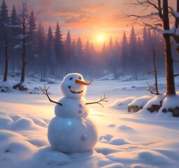 Fototapeta premium Illustration of winter landscape with funny snowoman.