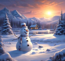 Fototapeta premium Illustration of winter landscape with funny snowoman.