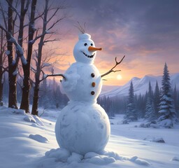 Obraz premium Illustration of winter landscape with funny snowoman.