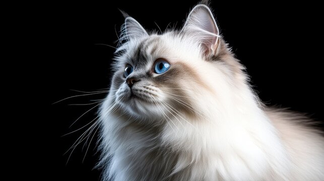 A striking portrait of a fluffy cat with vibrant blue eyes against a solid black background, perfect for pet-related content, promotions, or animal publications,