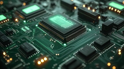 Obraz premium Green Circuit Board Showing Central Processing Unit