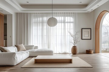 Fototapeta premium It's a japandi interior and Scandinavian interior living room with windows and white sofas and pendant lights. Generative AI 