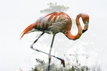 Double Exposure Flamingo in Serene Wetland Scene