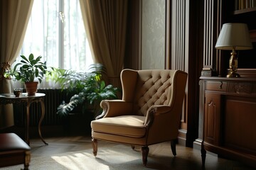 Cozy armchair situated in a stylish living room with natural light during daytime