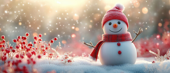Cartoon snowman in a banner ad, A cheerful snowman stands amid sparkling snow and red berries, capturing the essence of a joyful winter season.