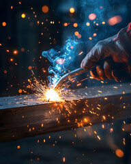 worker while doing a welding with arc welder welding or welding Sparks for background, Backdrop and manufacturing.