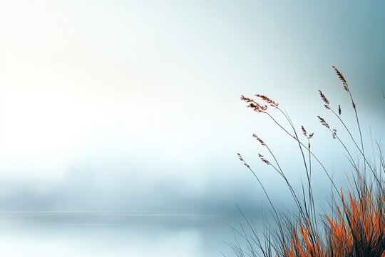 Tranquil morning by the lake with soft mist and delicate grasses swaying in the breeze