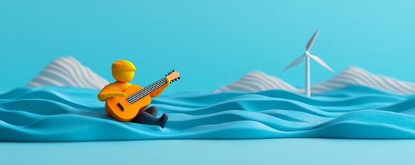 A playful figure plays guitar on waves with wind turbines in a vibrant blue scene.