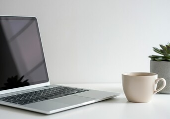 Cozy workspace with laptop, coffee and succulent plant, ideal for productive remote work or studying