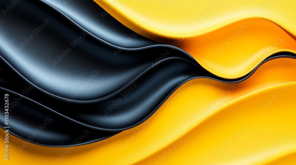 Poster a black and yellow fabric with a wave pattern is displayed. the fabric is flowing and has a dynamic,