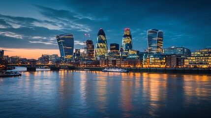 Fototapeta premium The London skyline at dusk with modern skyscrapers reflected in the Thames River at twilight.