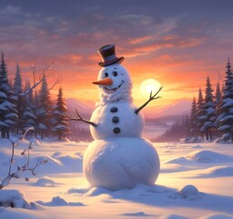 Obraz premium Illustration of winter landscape with funny snowoman.