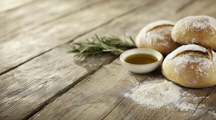 Baking fresh bread rolls and olive oil rustic kitchen food cozy environment close-up view culinary art