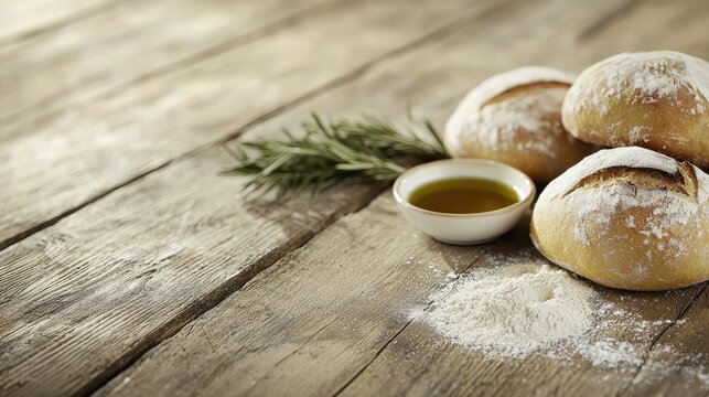 Baking fresh bread rolls and olive oil rustic kitchen food cozy environment close-up view culinary art