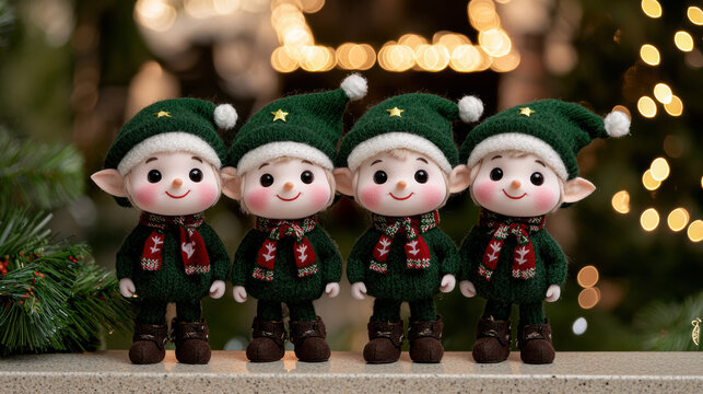 Four charming elf dolls in festive attire, perfect for holiday decorations and capturing the spirit of Christmas joy.