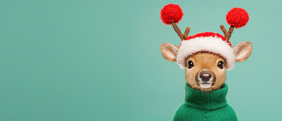 Rudolph in a polished look, representing a luxury holiday travel campaign, A cute deer wearing a festive hat and sweater against a mint green background, perfect for holiday-themed projects.