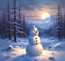 Obraz premium Illustration of winter landscape with funny snowoman.