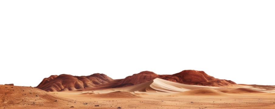 mars planet landscape with sand and rocky mountains isolated on white or transparent png