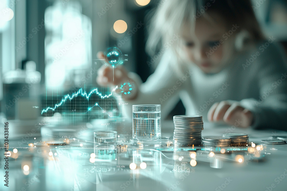 Poster child engaging in financial learning with ai generated data visualizations modern home office digita